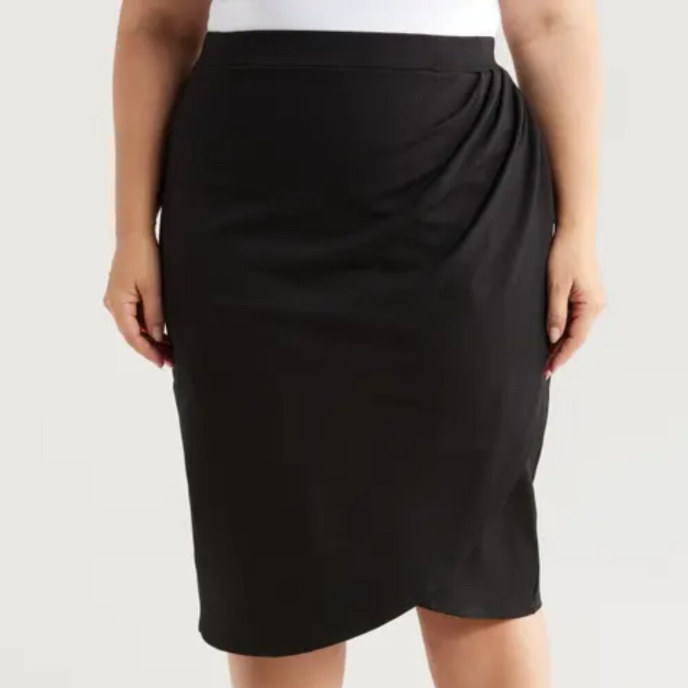 Misook Navy Pull on Skirt 3X Elastic Waist Tulip Hem Faux Wrap Office Career